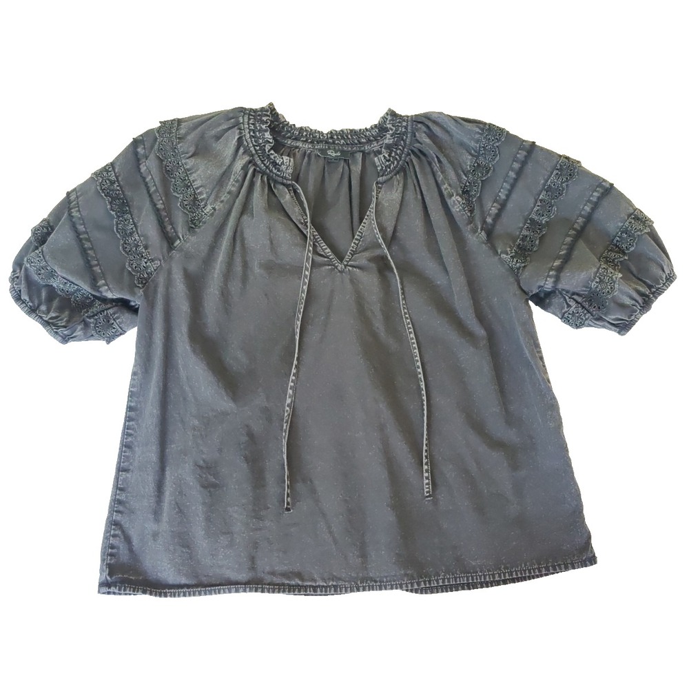 Rails Amity Peasant Top S Puff Sleeve Acid Wash Black Boho Romantic Lace Trim